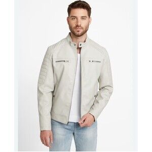 Guess Men’s Large David Faux-Leather Hooded Moto Jacket White NWT